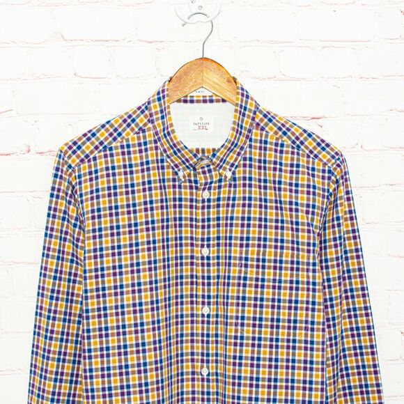 Hartford Slim Fit Button up Shirt Yellow Blue Check Cotton Size 2XL - Picture 2 of 6